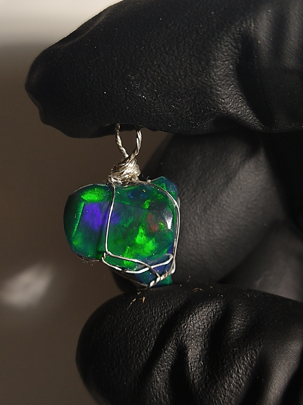 Stunning 13 Carat Natural Black Smoked Opal Sterling Silver Wire Wrap Pendant